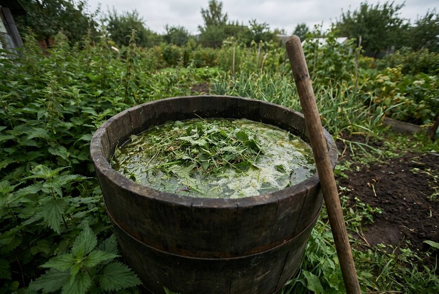 Бочка зелёного удобрения: трава и крапива бродят неделю-две